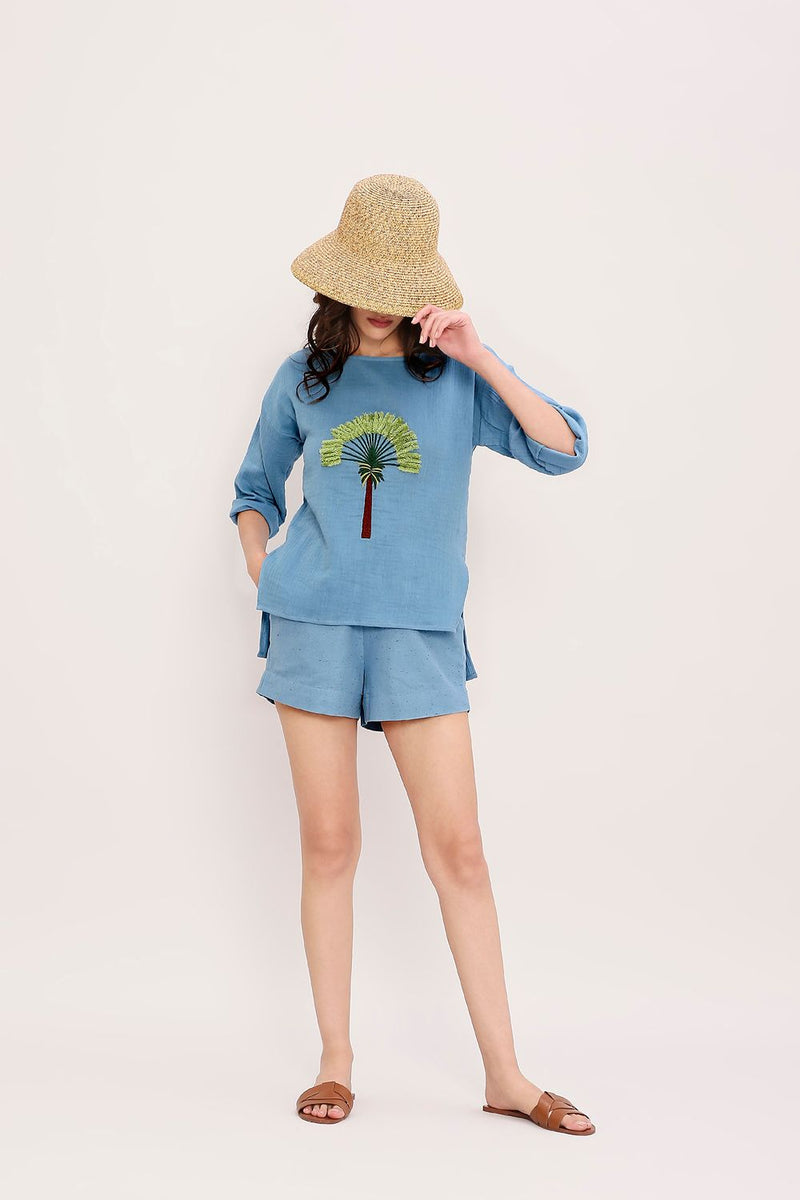 Coco Blue Embroidered Top cotton by Mati in blue color for women in Singapore