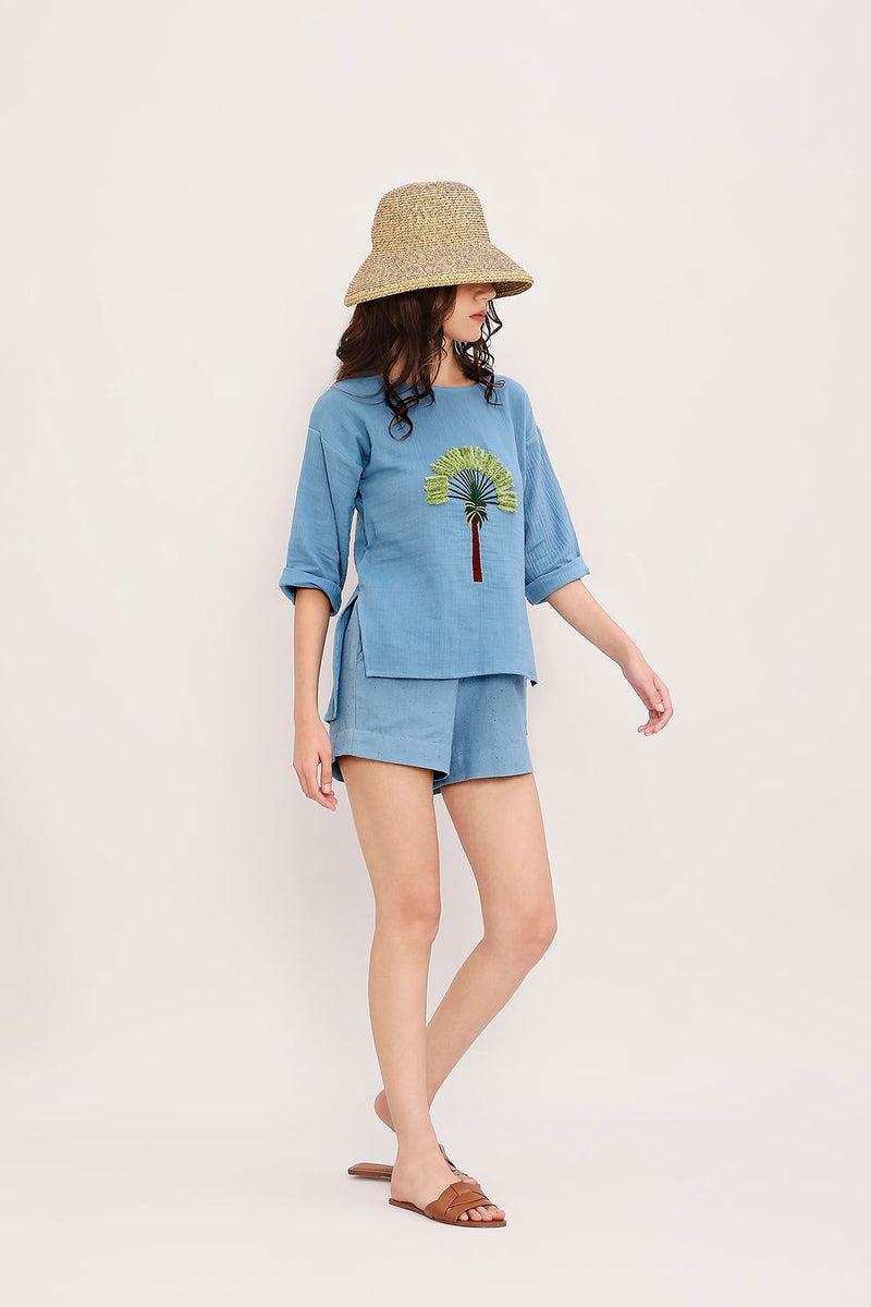 Coco Blue Embroidered Top cotton by Mati in blue color for women in Singapore