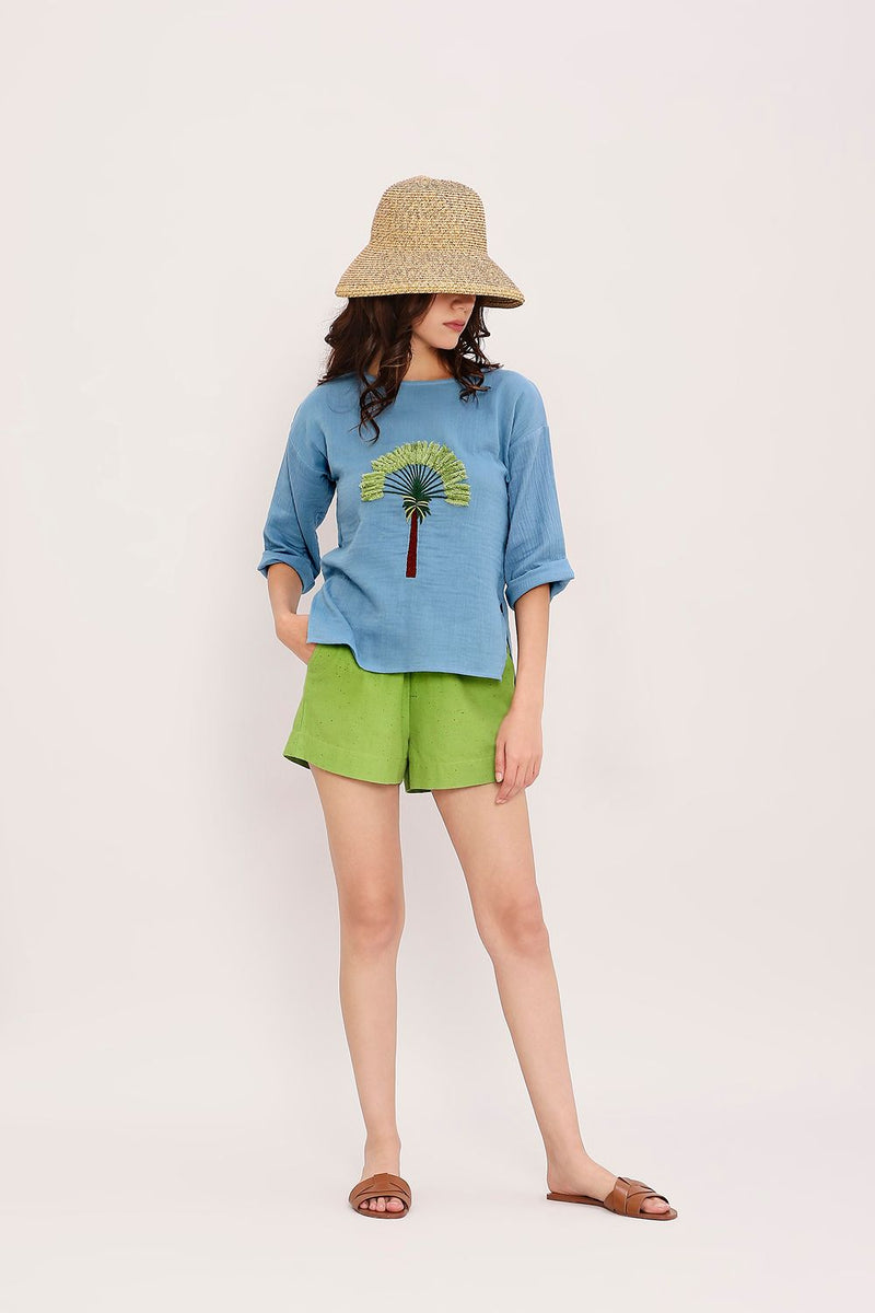 Coco Blue Embroidered Top & Green Shorts Set (2 PCS) cotton by Mati in blue color for women in Singapore