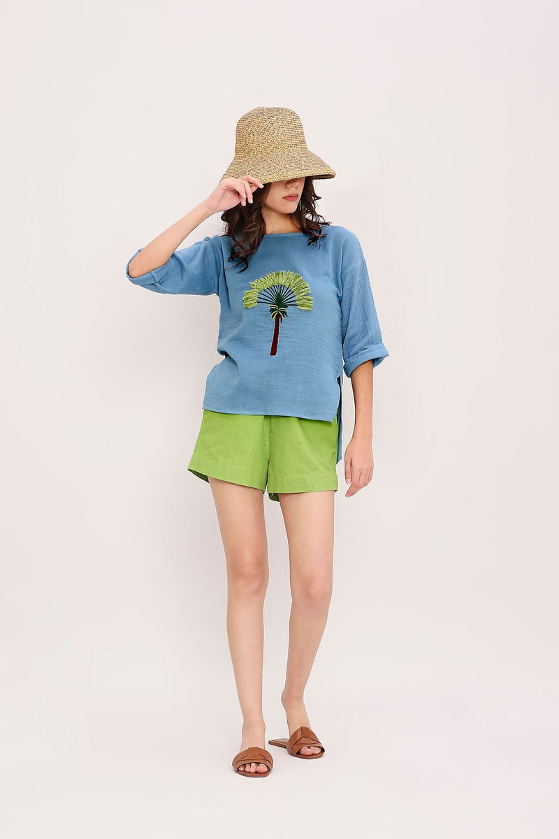 Coco Blue Embroidered Top & Green Shorts Set (2 PCS) cotton by Mati in blue color for women in Singapore