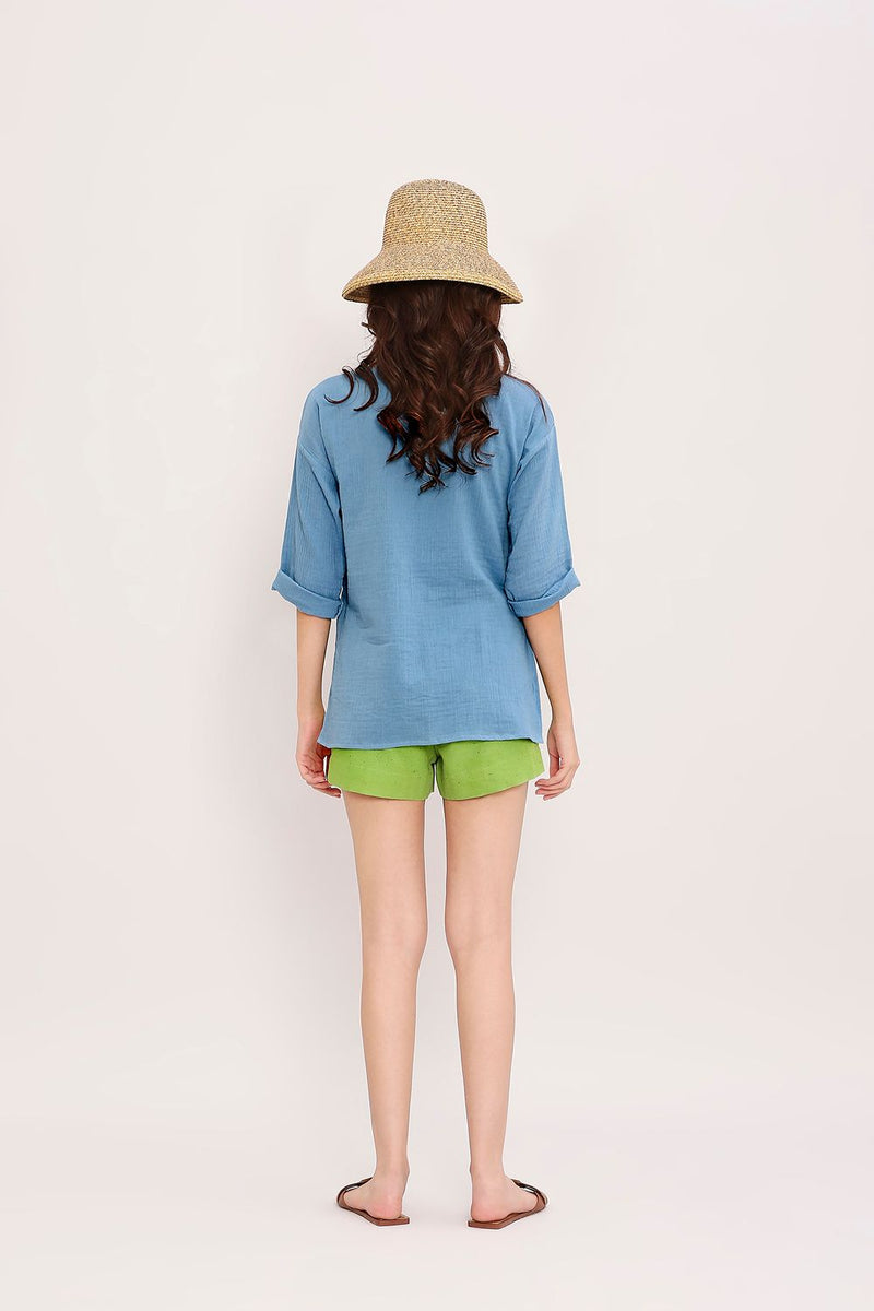 Coco Blue Embroidered Top & Green Shorts Set (2 PCS) cotton by Mati in blue color for women in Singapore