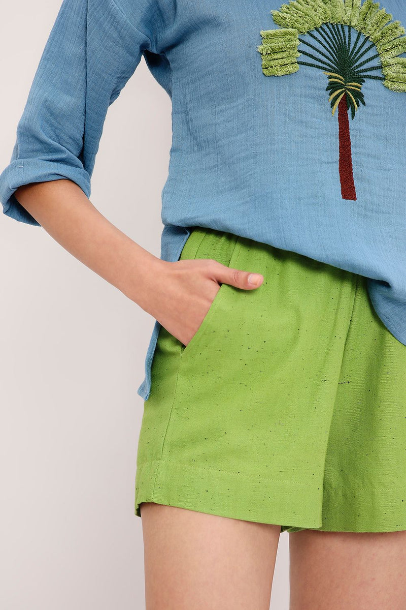 Coco Blue Embroidered Top & Green Shorts Set (2 PCS) cotton by Mati in blue color for women in Singapore