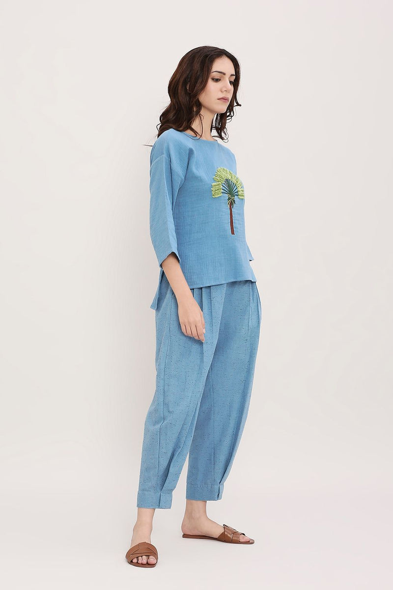 Coco Blue Embroidered Top & Pants Set (2 PCS) cotton by Mati in blue color for women in Singapore