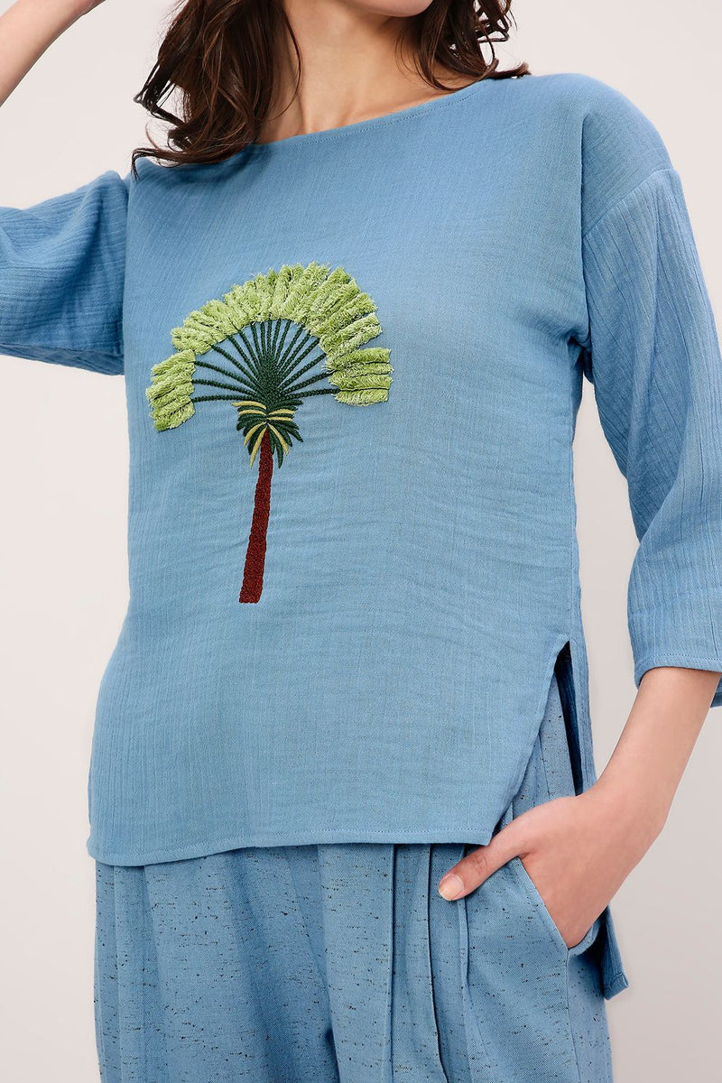 Coco Blue Embroidered Top & Pants Set (2 PCS) cotton by Mati in blue color for women in Singapore