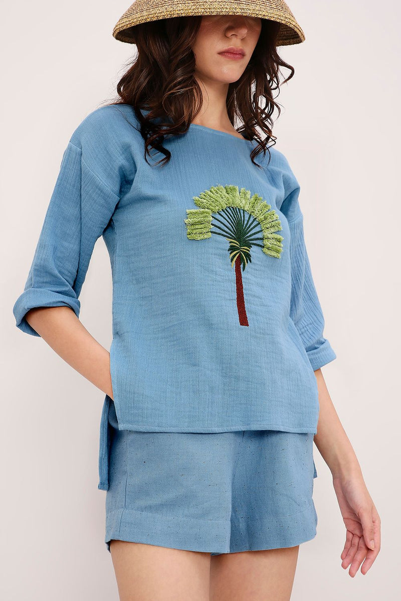 Coco Blue Embroidered Top & Shorts Set (2 PCS) cotton by Mati in blue color for women in Singapore