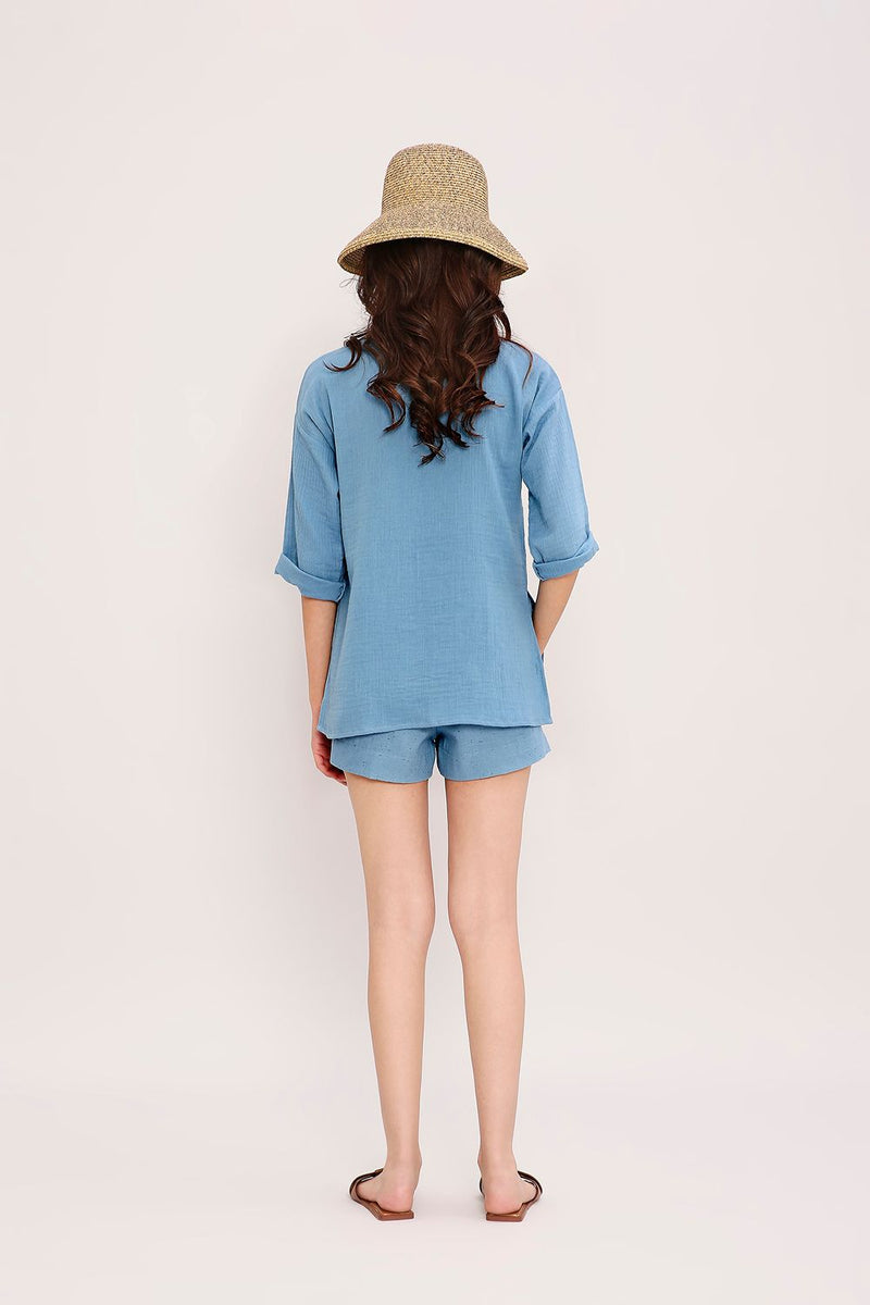 Coco Blue Embroidered Top & Shorts Set (2 PCS) cotton by Mati in blue color for women in Singapore