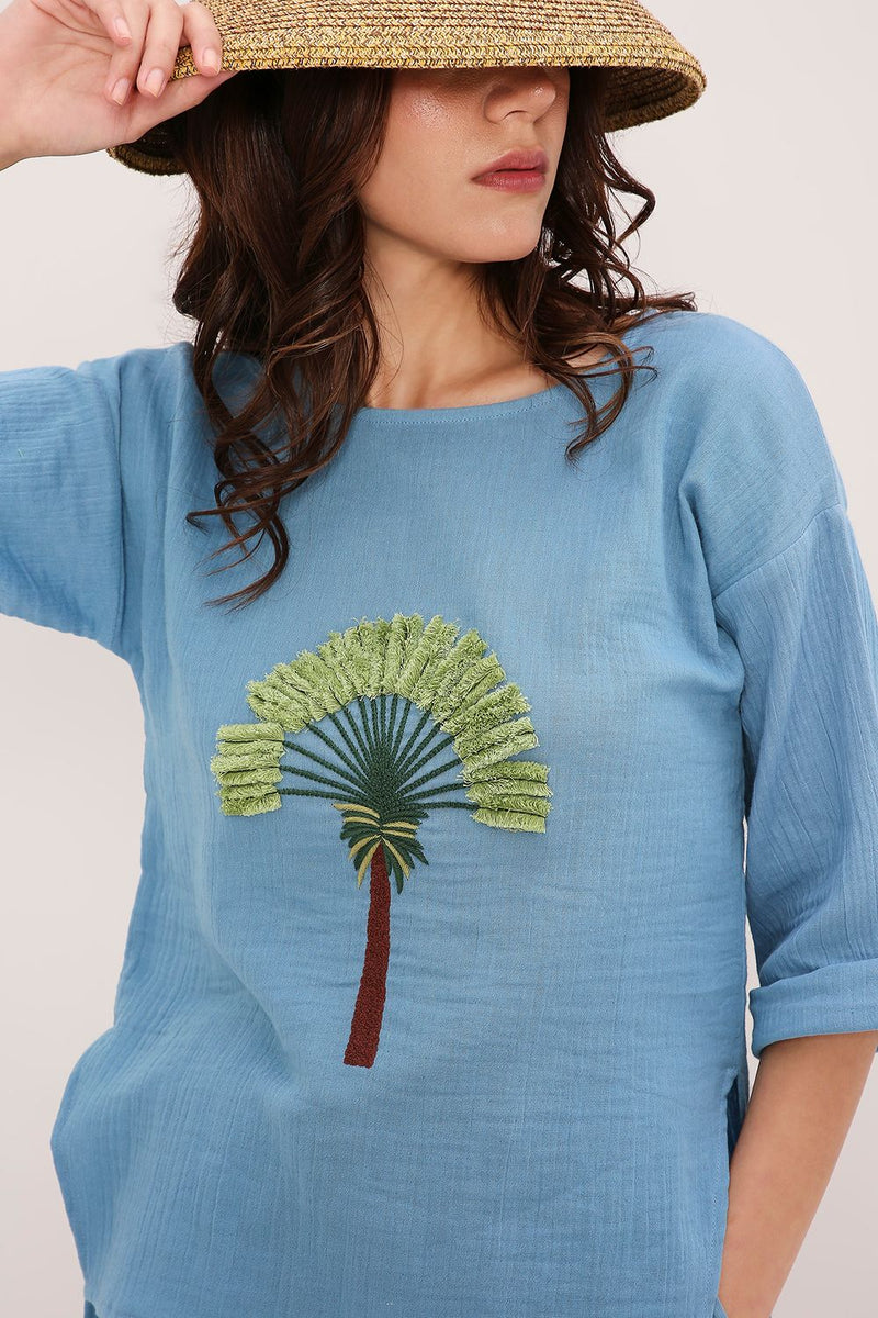 Coco Blue Embroidered Top & Shorts Set (2 PCS) cotton by Mati in blue color for women in Singapore