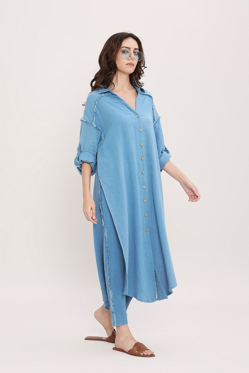 Coco Blue Fringed Long Shirt cotton by Mati in blue color for women in Singapore