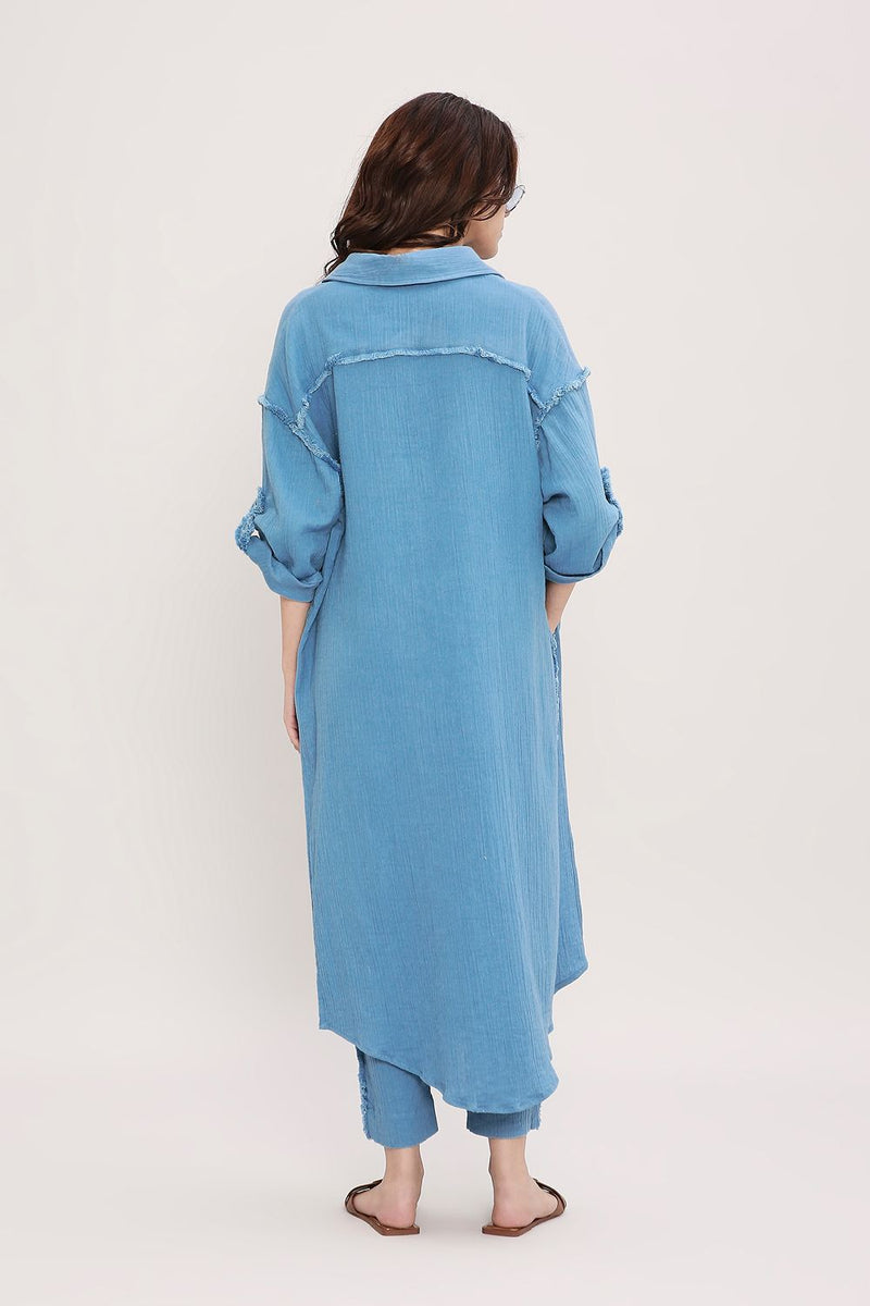 Coco Blue Fringed Long Shirt cotton by Mati in blue color for women in Singapore