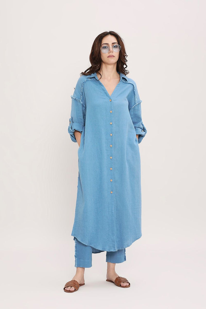 Coco Blue Fringed Shirt Set (2 PCS) cotton by Mati in blue color for women in Singapore