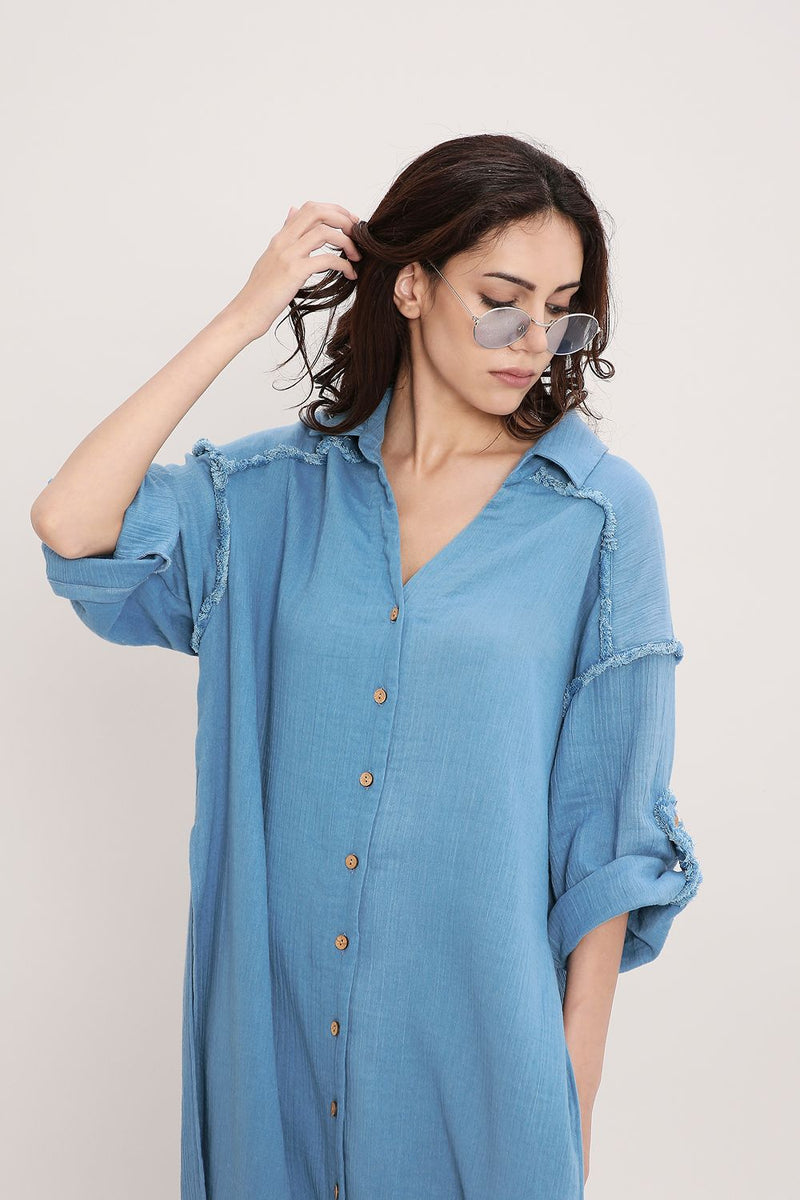 Coco Blue Fringed Shirt Set (2 PCS) cotton by Mati in blue color for women in Singapore
