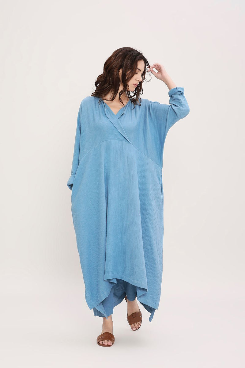 Coco Blue Kaftan Tunic Set (2 PCS) cotton by Mati in blue color for women in Singapore