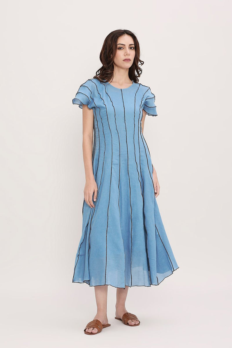 Coco Blue Moss Panelled Dress cotton by Mati in blue color for women in Singapore