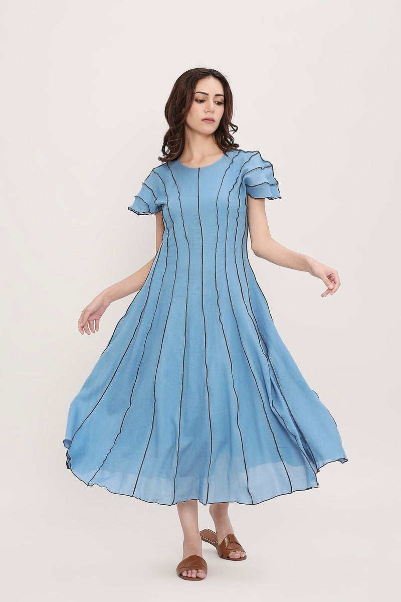 Coco Blue Moss Panelled Dress cotton by Mati in blue color for women in Singapore