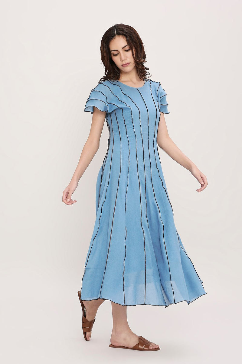 Coco Blue Moss Panelled Dress cotton by Mati in blue color for women in Singapore