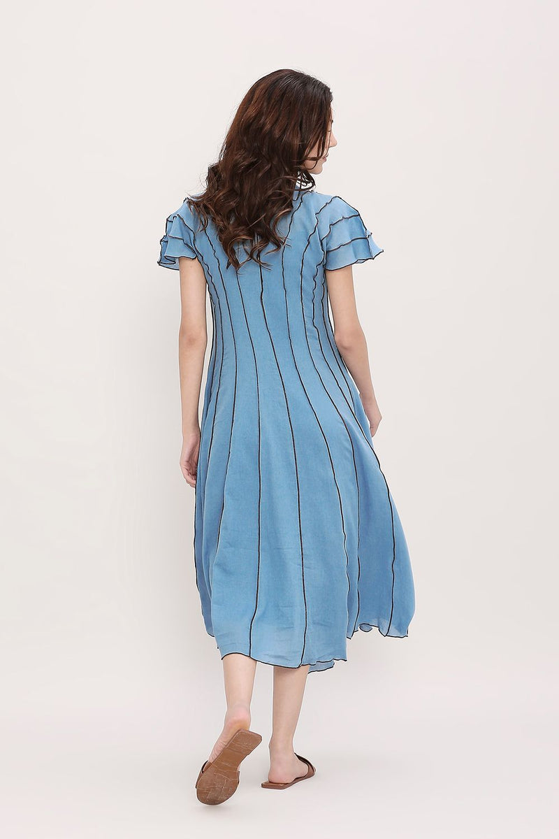 Coco Blue Moss Panelled Dress cotton by Mati in blue color for women in Singapore