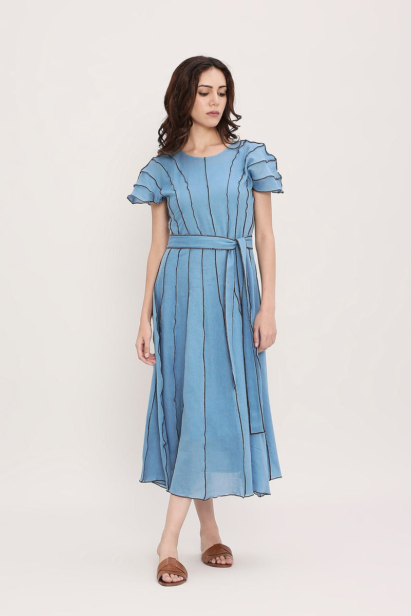 Coco Blue Moss Panelled Dress cotton by Mati in blue color for women in Singapore