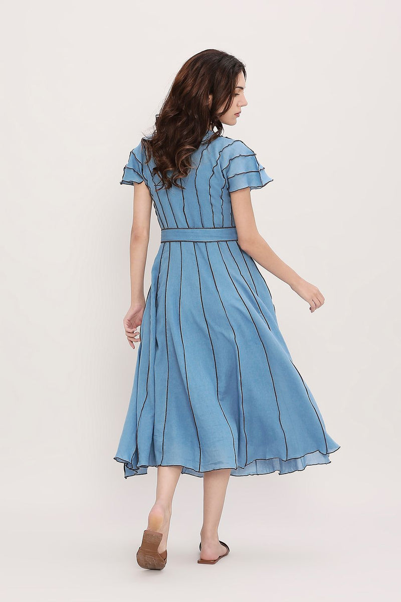 Coco Blue Moss Panelled Dress cotton by Mati in blue color for women in Singapore