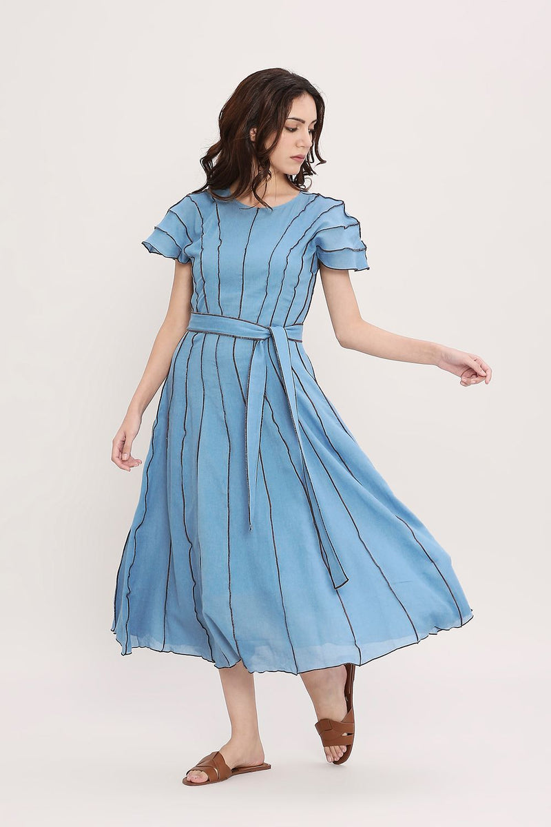 Coco Blue Moss Panelled Dress cotton by Mati in blue color for women in Singapore