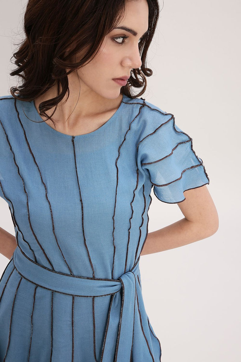 Coco Blue Moss Panelled Dress cotton by Mati in blue color for women in Singapore