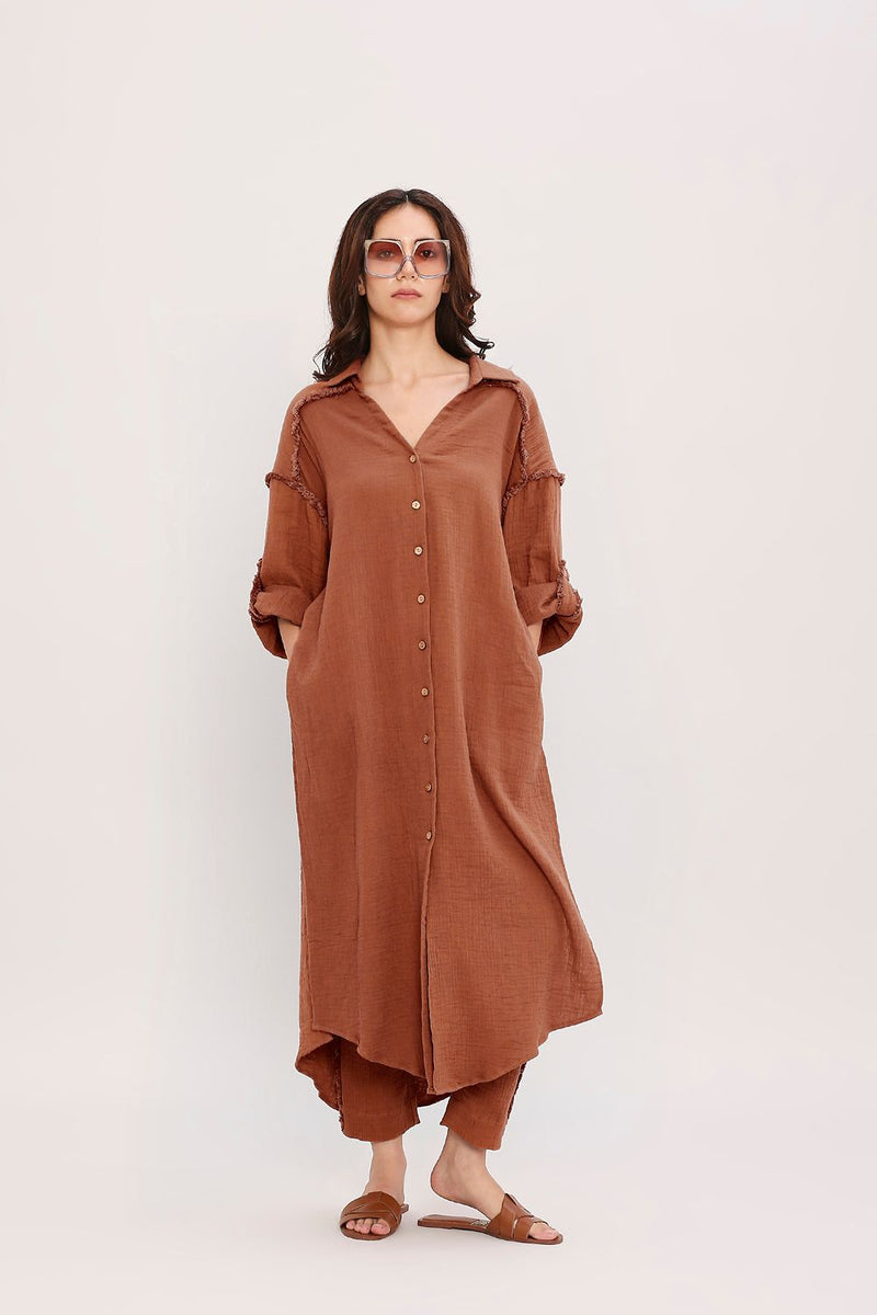 Coco Brown Fringed Shirt Set (2 PCS) cotton by Mati in brown color for women in Singapore