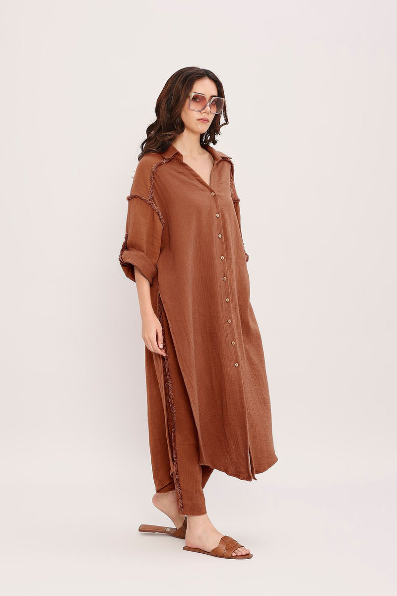 Coco Brown Fringed Shirt Set (2 PCS) cotton by Mati in brown color for women in Singapore