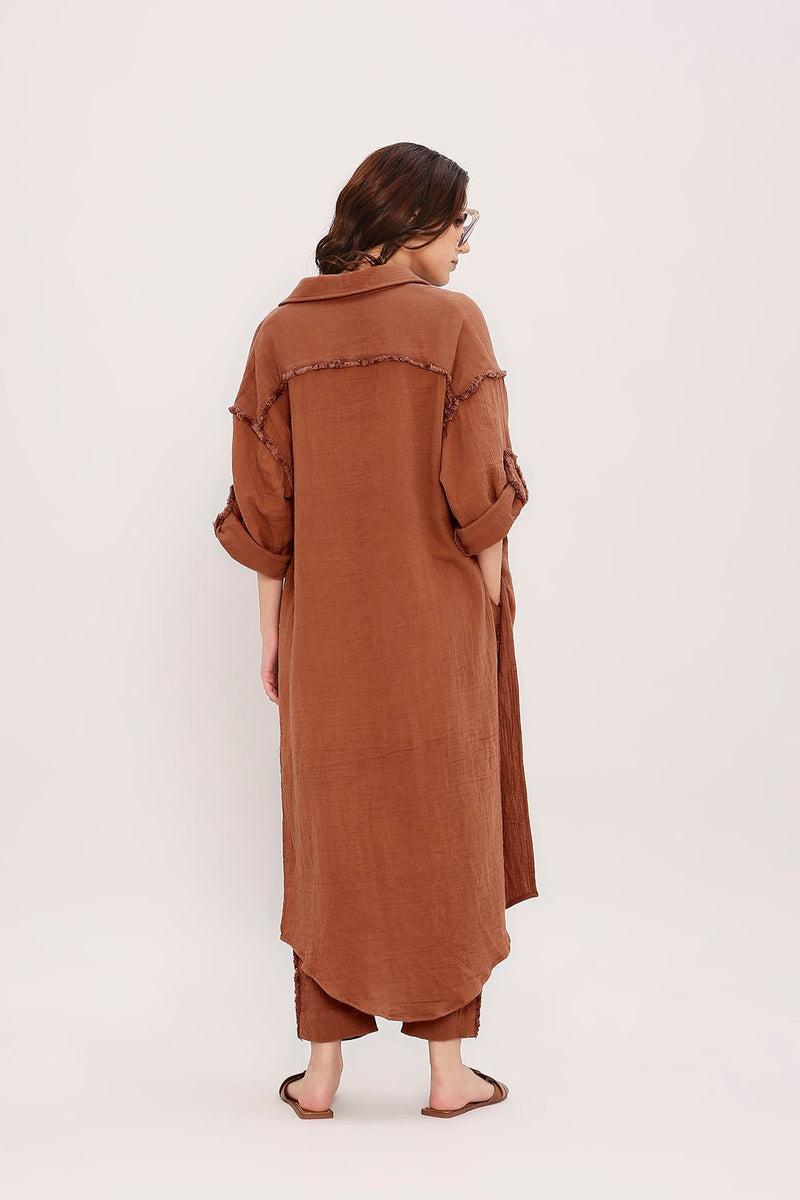 Coco Brown Fringed Shirt Set (2 PCS) cotton by Mati in brown color for women in Singapore