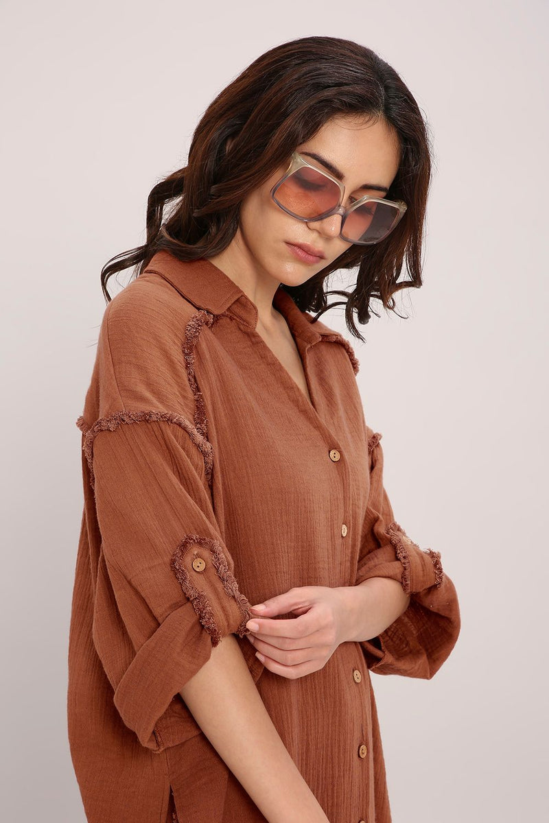 Coco Brown Fringed Shirt Set (2 PCS) cotton by Mati in brown color for women in Singapore