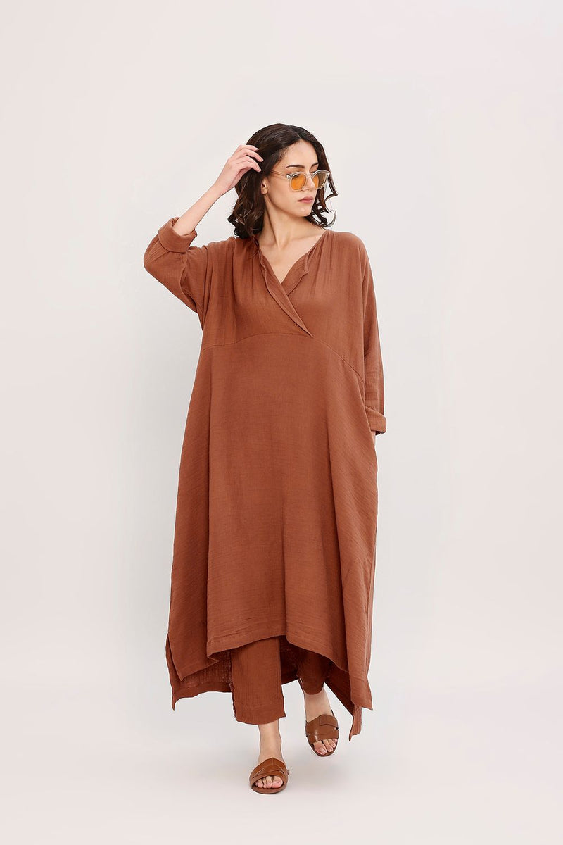 Coco Brown Kaftan Tunic Set (2 PCS) cotton by Mati in brown color for women in Singapore