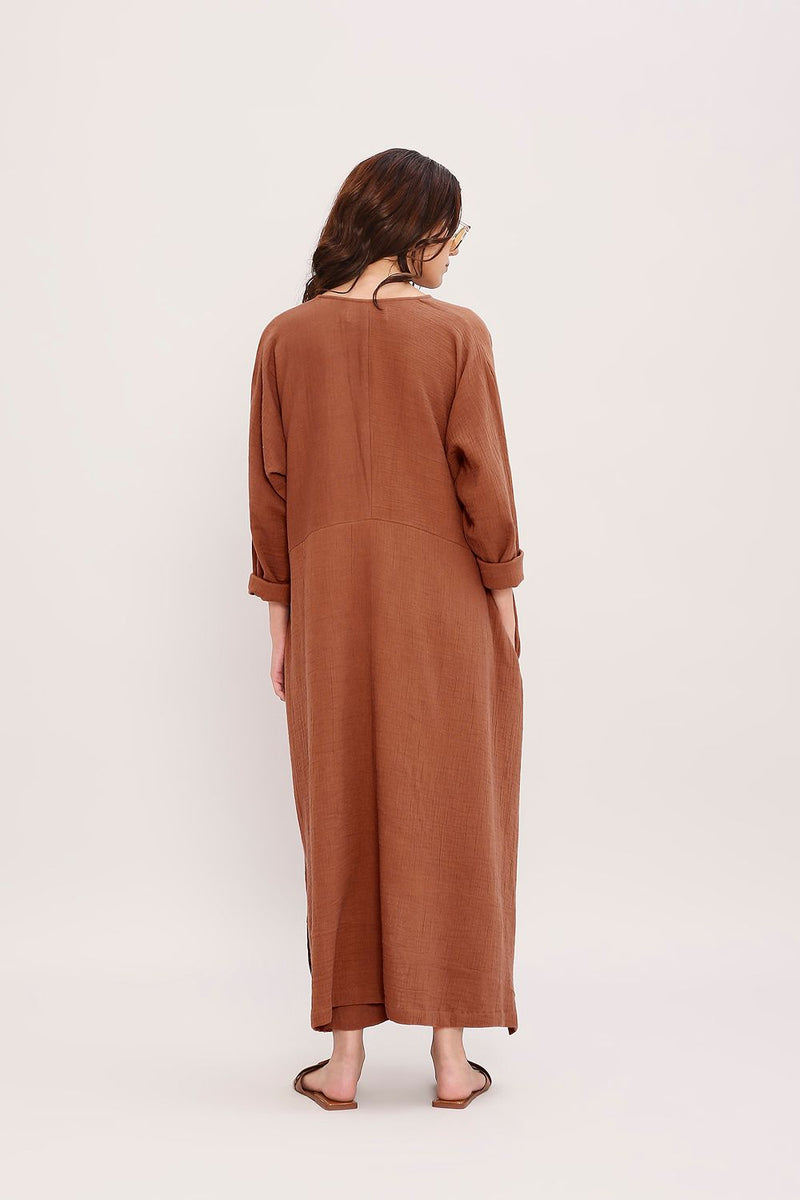 Coco Brown Kaftan Tunic Set (2 PCS) cotton by Mati in brown color for women in Singapore
