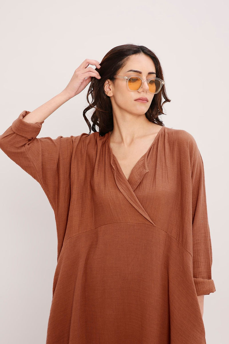 Coco Brown Kaftan Tunic Set (2 PCS) cotton by Mati in brown color for women in Singapore