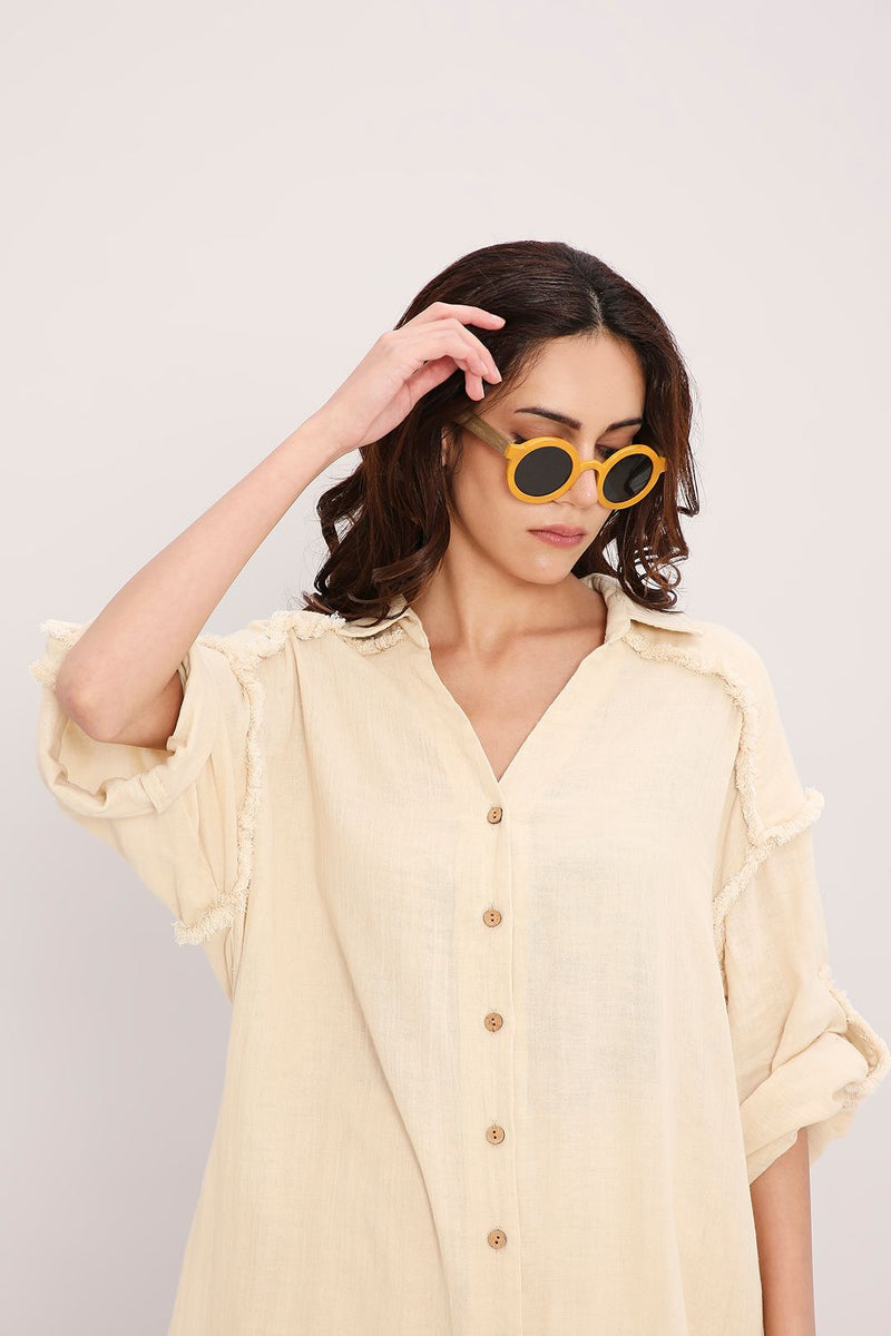 Coco Cream Fringed Long Shirt cotton by Mati for women in Singapore