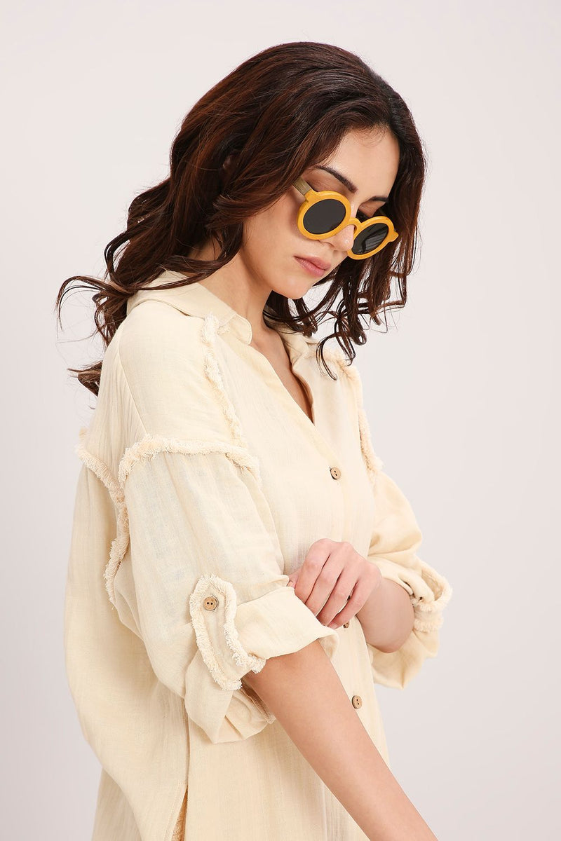 Coco Cream Fringed Long Shirt cotton by Mati for women in Singapore