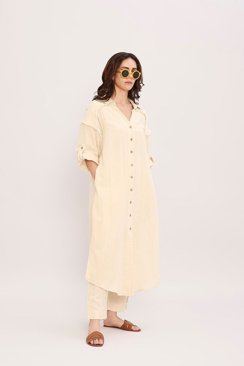Coco Cream Fringed Shirt Set (2 PCS) cotton by Mati for women in Singapore