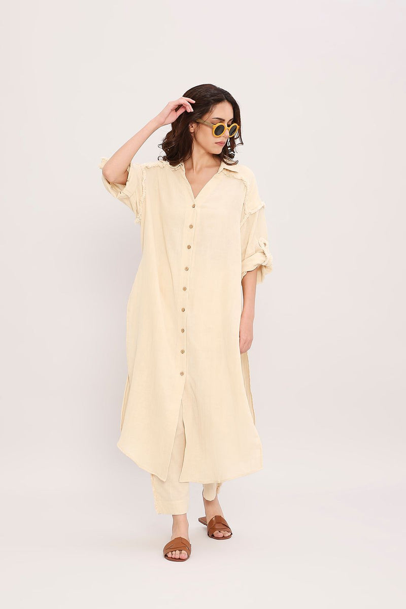 Coco Cream Fringed Shirt Set (2 PCS) cotton by Mati for women in Singapore