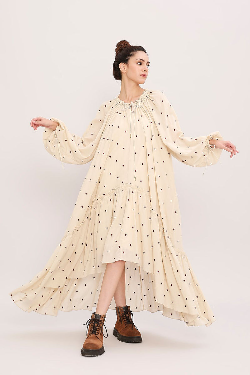 Coco Cream Heart Moss Frill Dress cotton by Mati for women in Singapore
