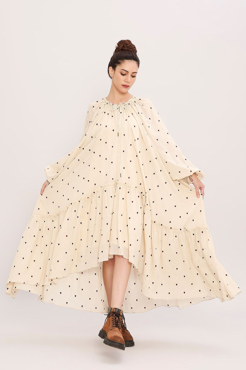 Coco Cream Heart Moss Frill Dress cotton by Mati for women in Singapore