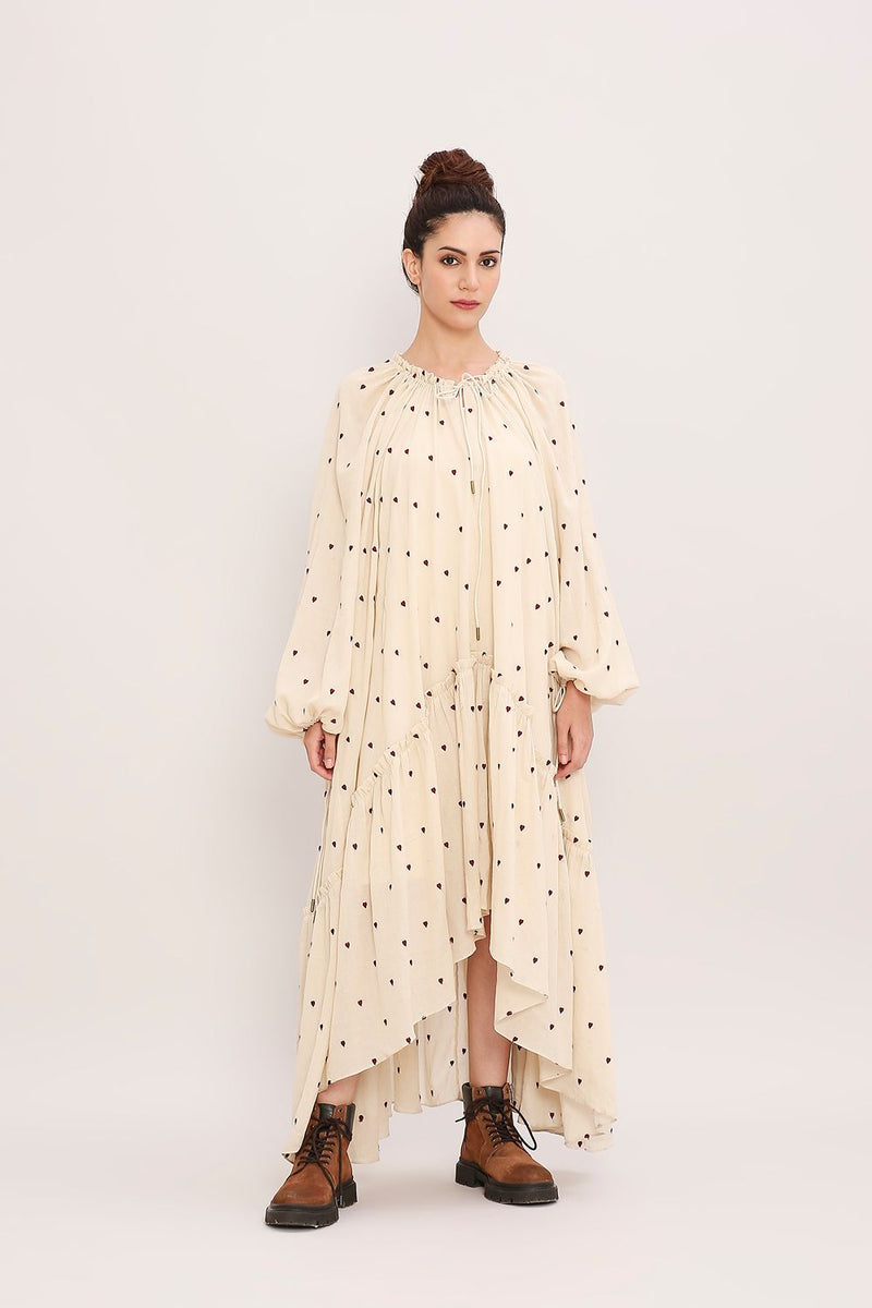 Coco Cream Heart Moss Frill Dress cotton by Mati for women in Singapore