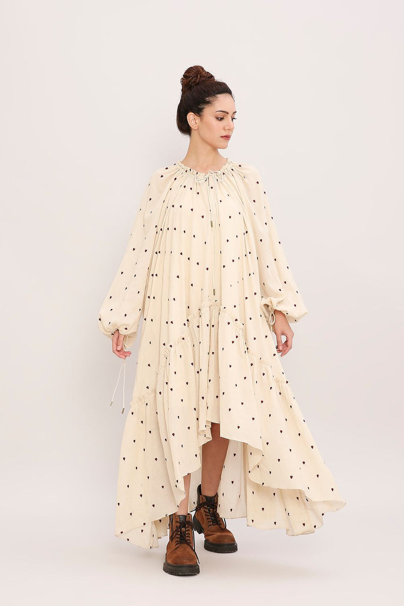 Coco Cream Heart Moss Frill Dress cotton by Mati for women in Singapore