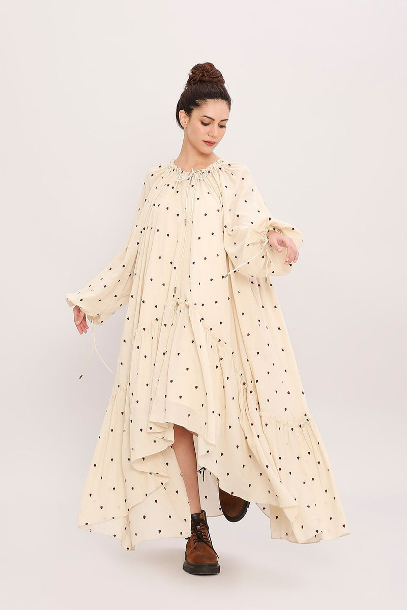 Coco Cream Heart Moss Frill Dress cotton by Mati for women in Singapore