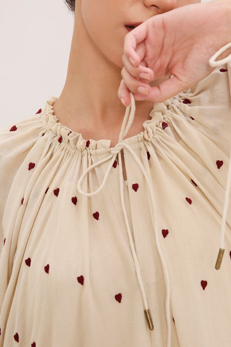 Coco Cream Heart Moss Frill Dress cotton by Mati for women in Singapore