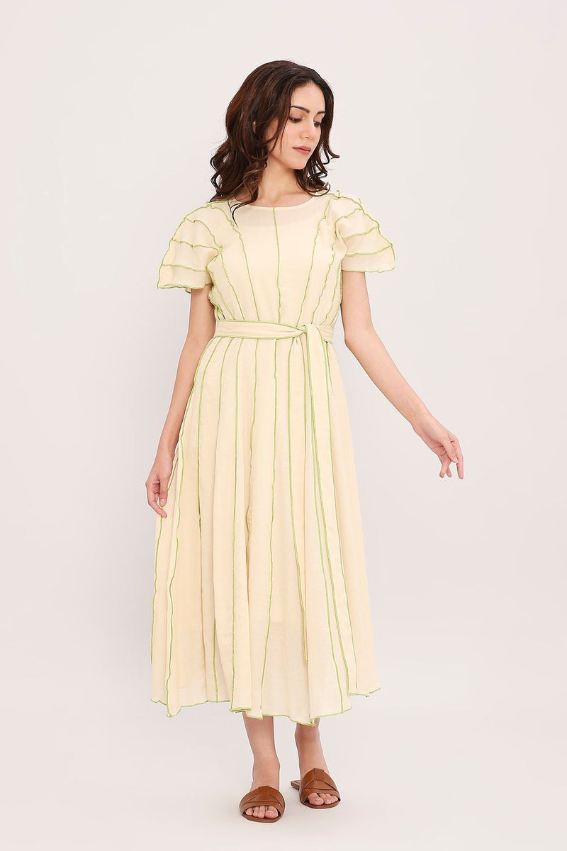 Coco Cream Moss Panelled Dress cotton by Mati for women in Singapore