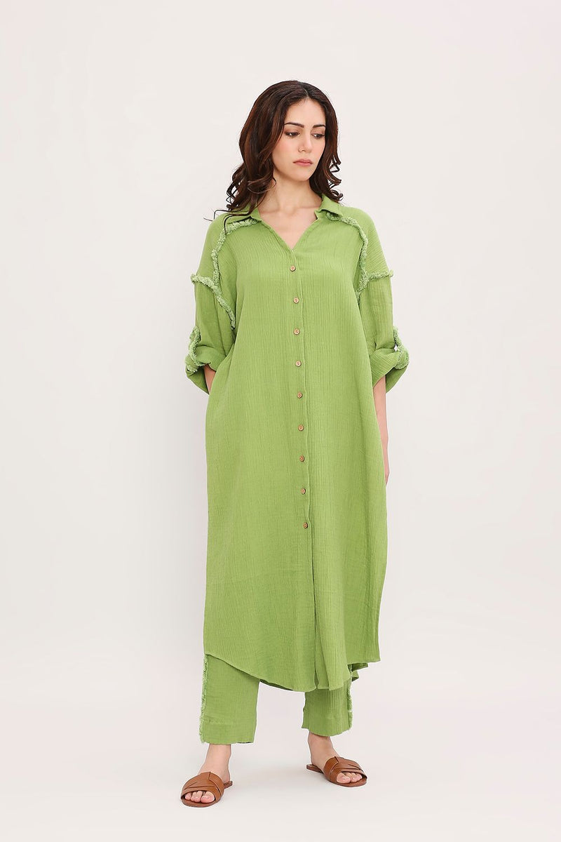Coco Green Fringed Long Shirt cotton by Mati in green color for women in Singapore
