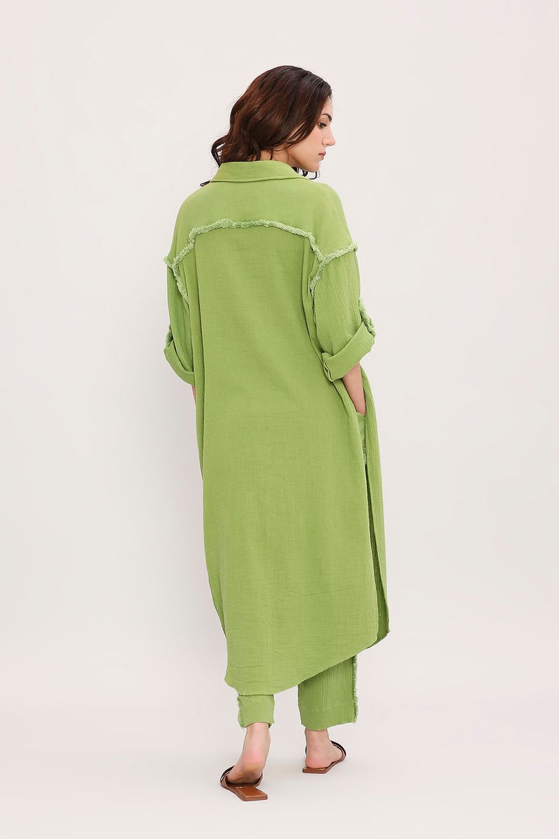 Coco Green Fringed Shirt Set (2 PCS) cotton by Mati in green color for women in Singapore