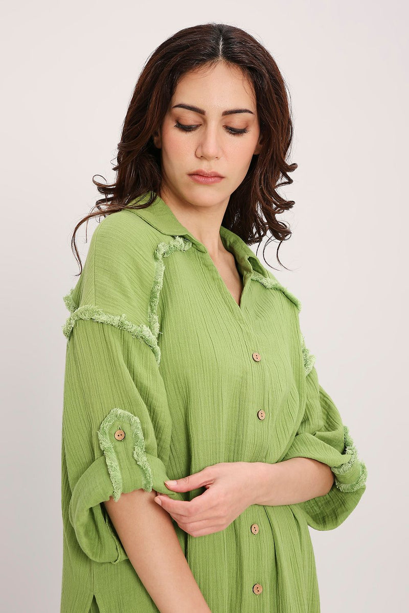 Coco Green Fringed Shirt Set (2 PCS) cotton by Mati in green color for women in Singapore