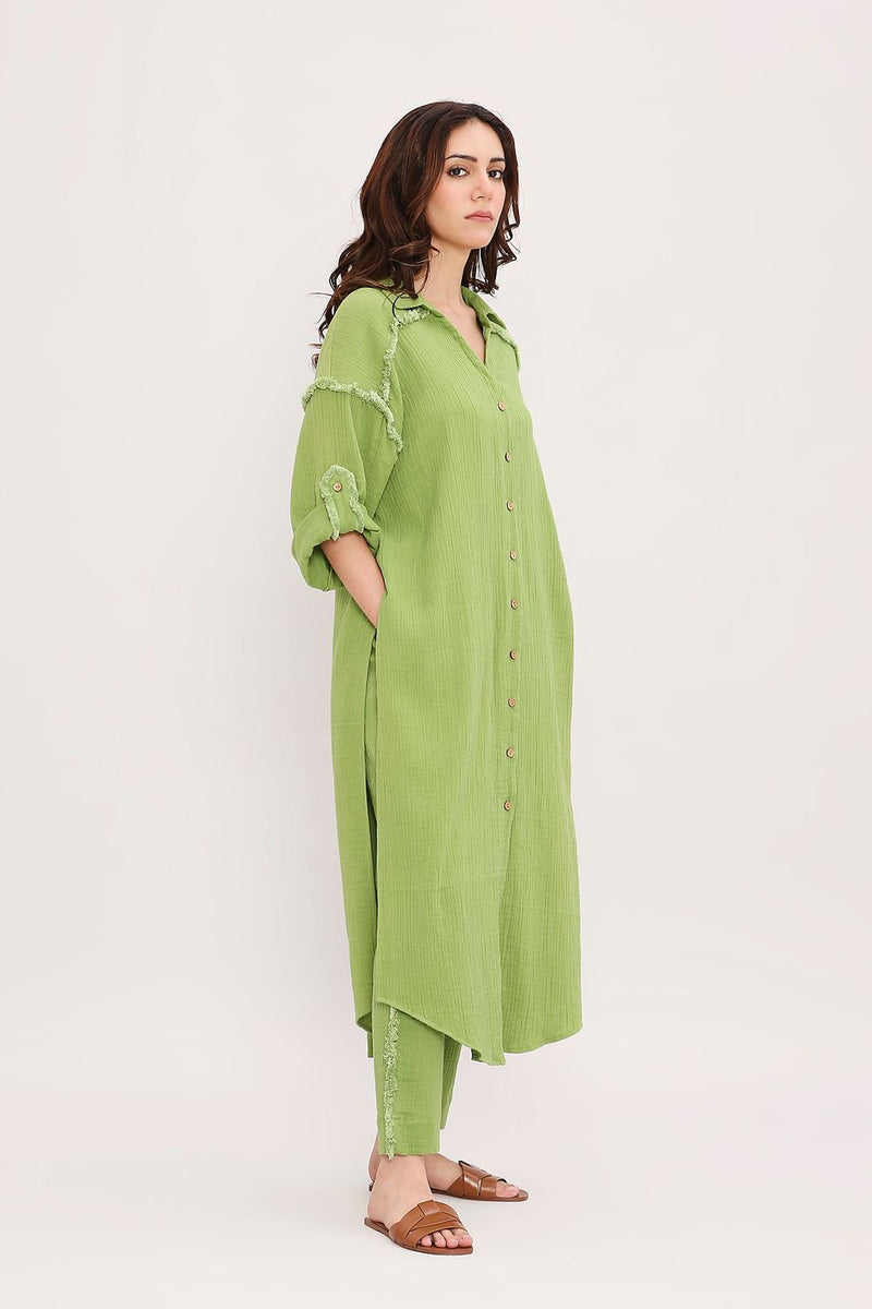 Coco Green Fringed Shirt Set (2 PCS) cotton by Mati in green color for women in Singapore