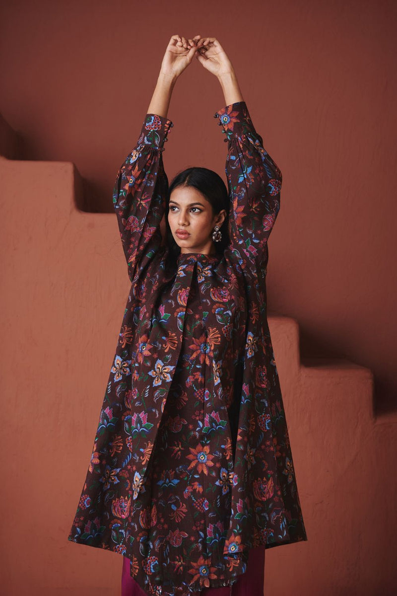 Coffee Chintz Co Linen Front Pleated Kurta Set