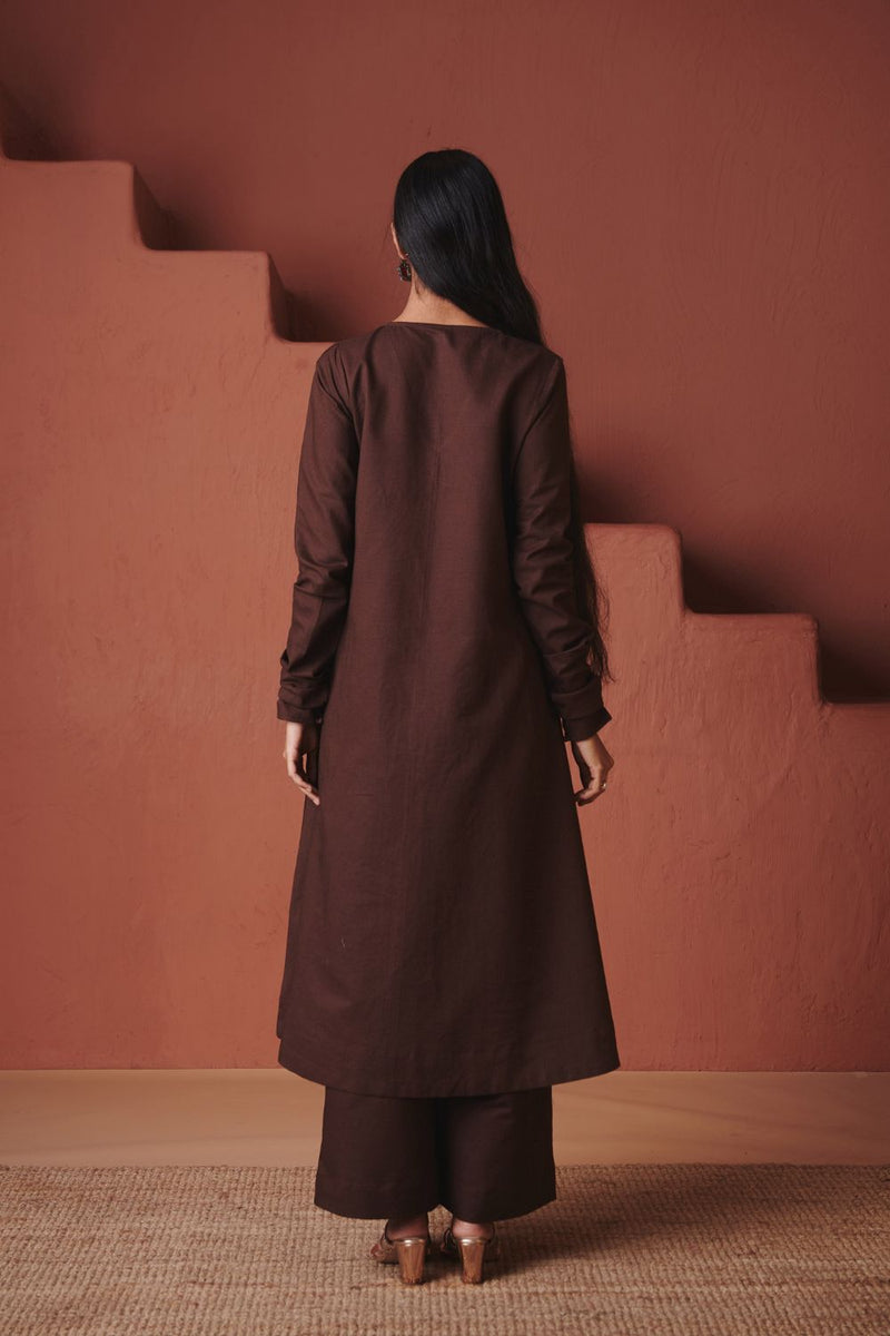 Coffee Co Linen Embroidered Pocket Kurta Set