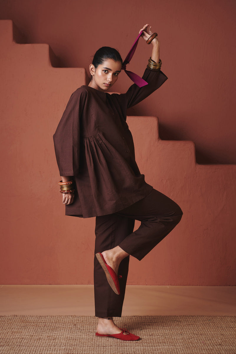 Coffee Co Linen Gathered Shirt Set