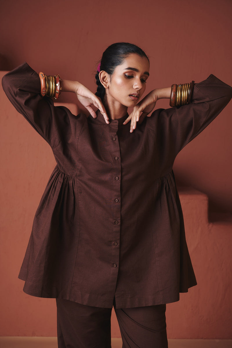 Coffee Co Linen Gathered Shirt Set